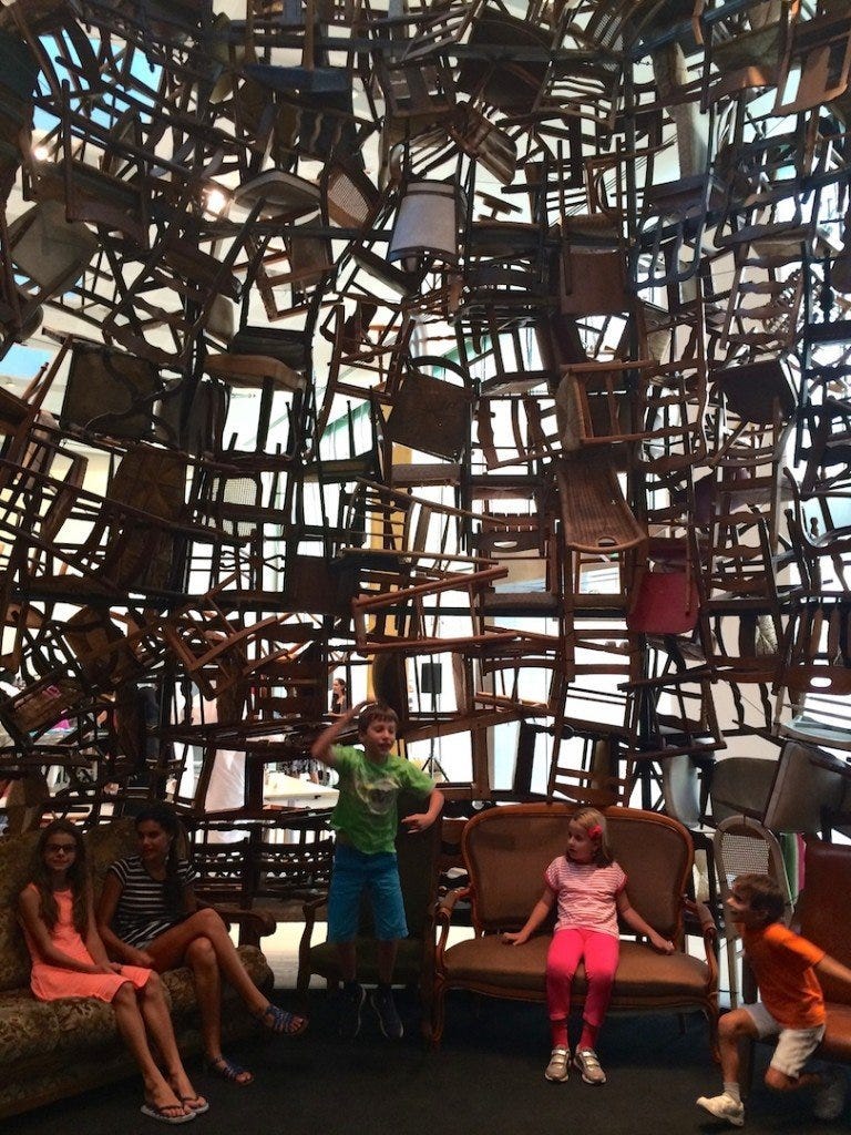 Inside the chair sculpture at Manarat Al Saadiyat