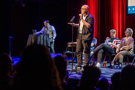 Photos of comedians on stage at the malthouse theatre peforming comedy.