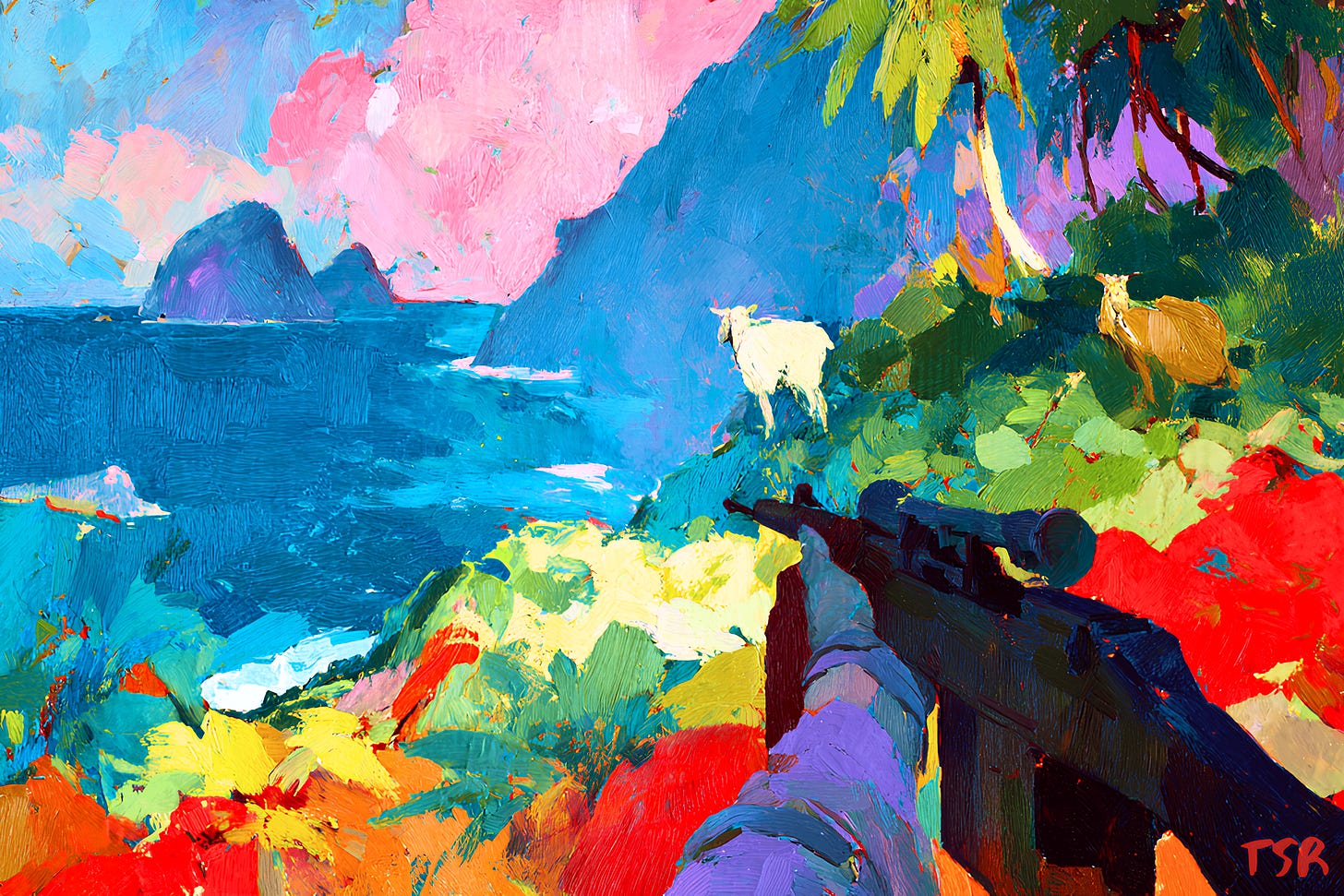 First-person view of a sniper rifle aimed at a goat, set against a vibrant, painterly island landscape.
