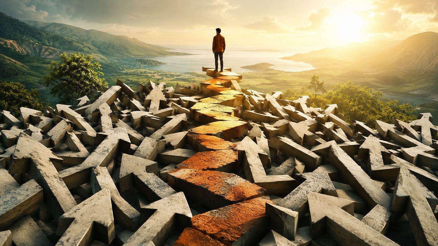 Person standing on a golden path through scattered arrows, representing clear thinking and better decision-making.