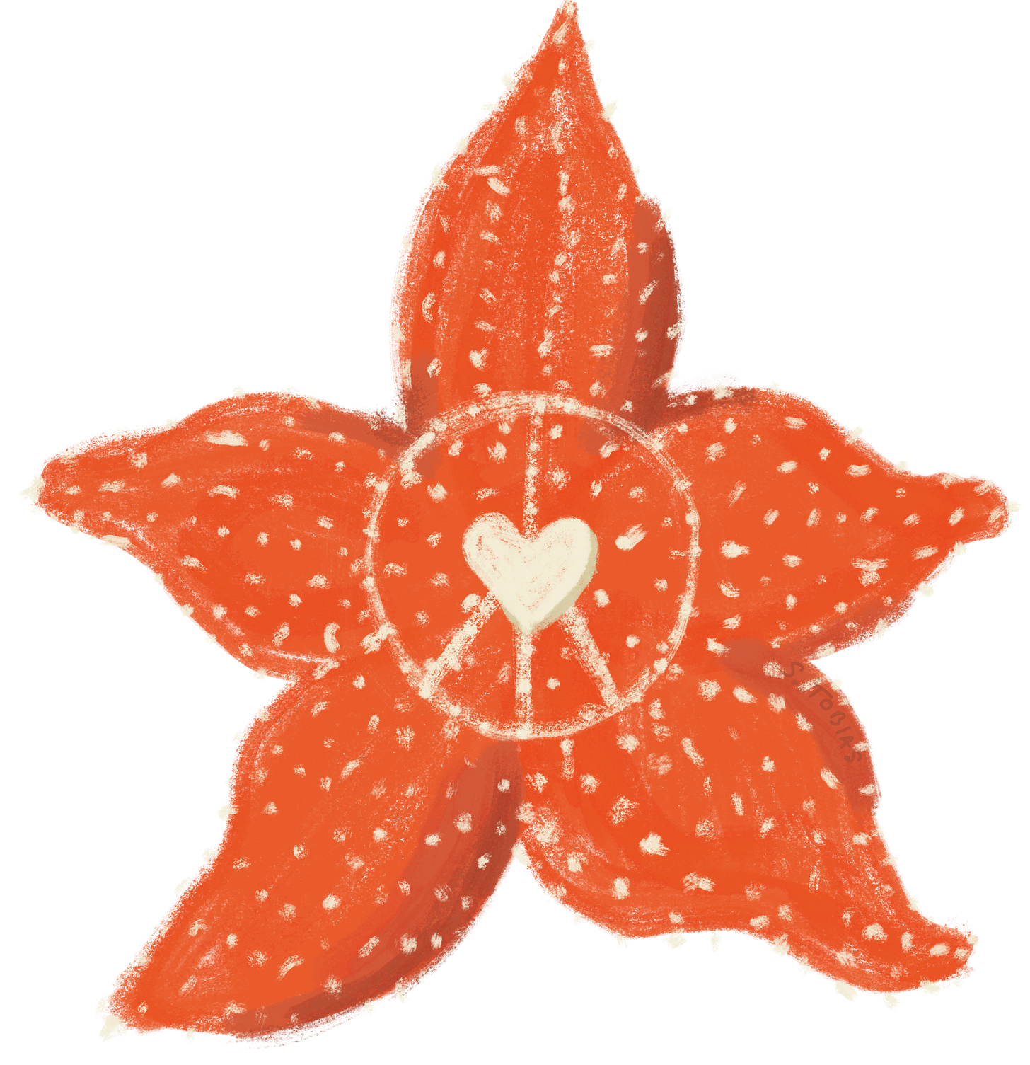 a hand drawn starfish with a heart and peace sign at the center.