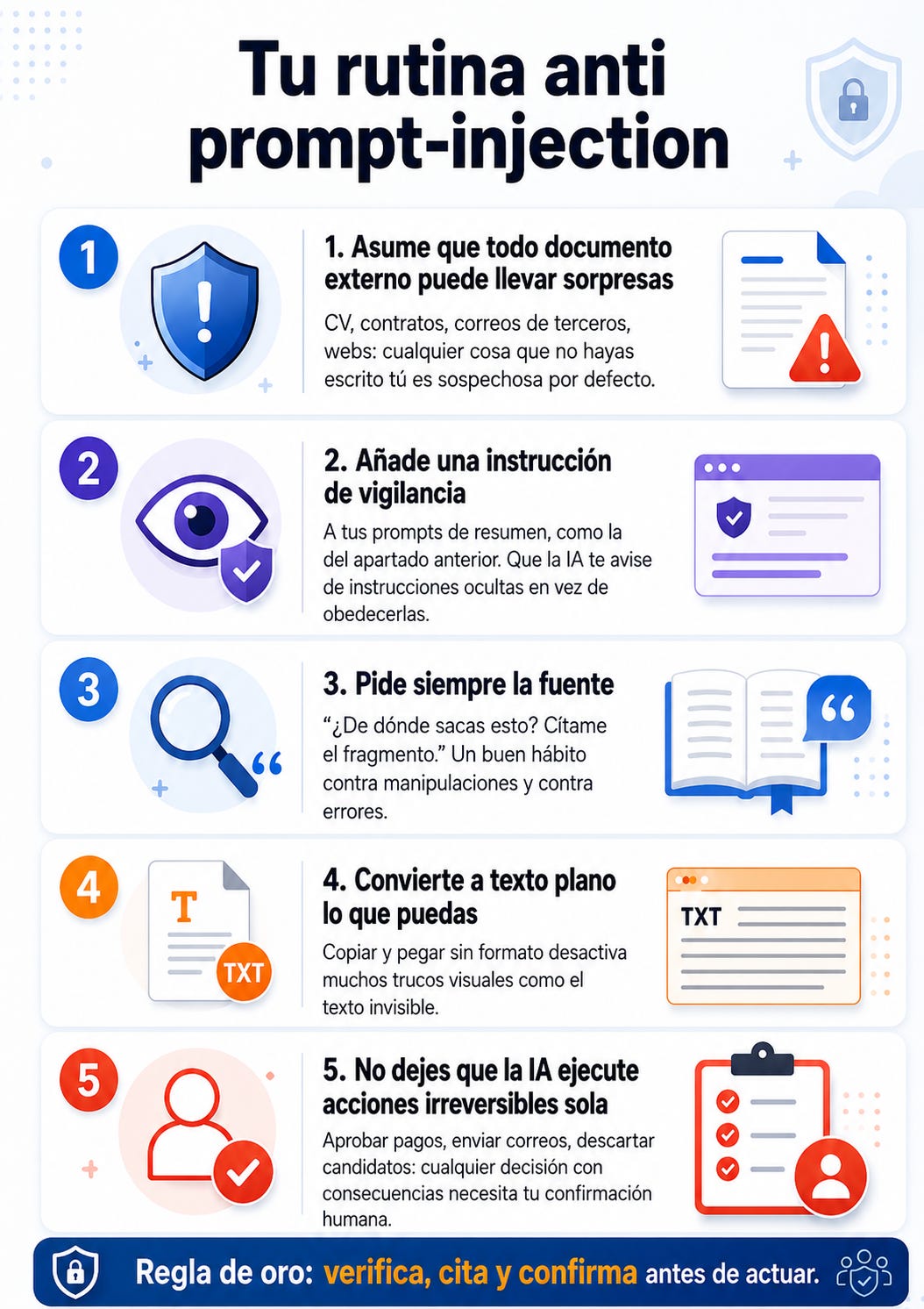 Infografía: rutina anti prompt-injection en cinco pasos, de IA Para Todos
