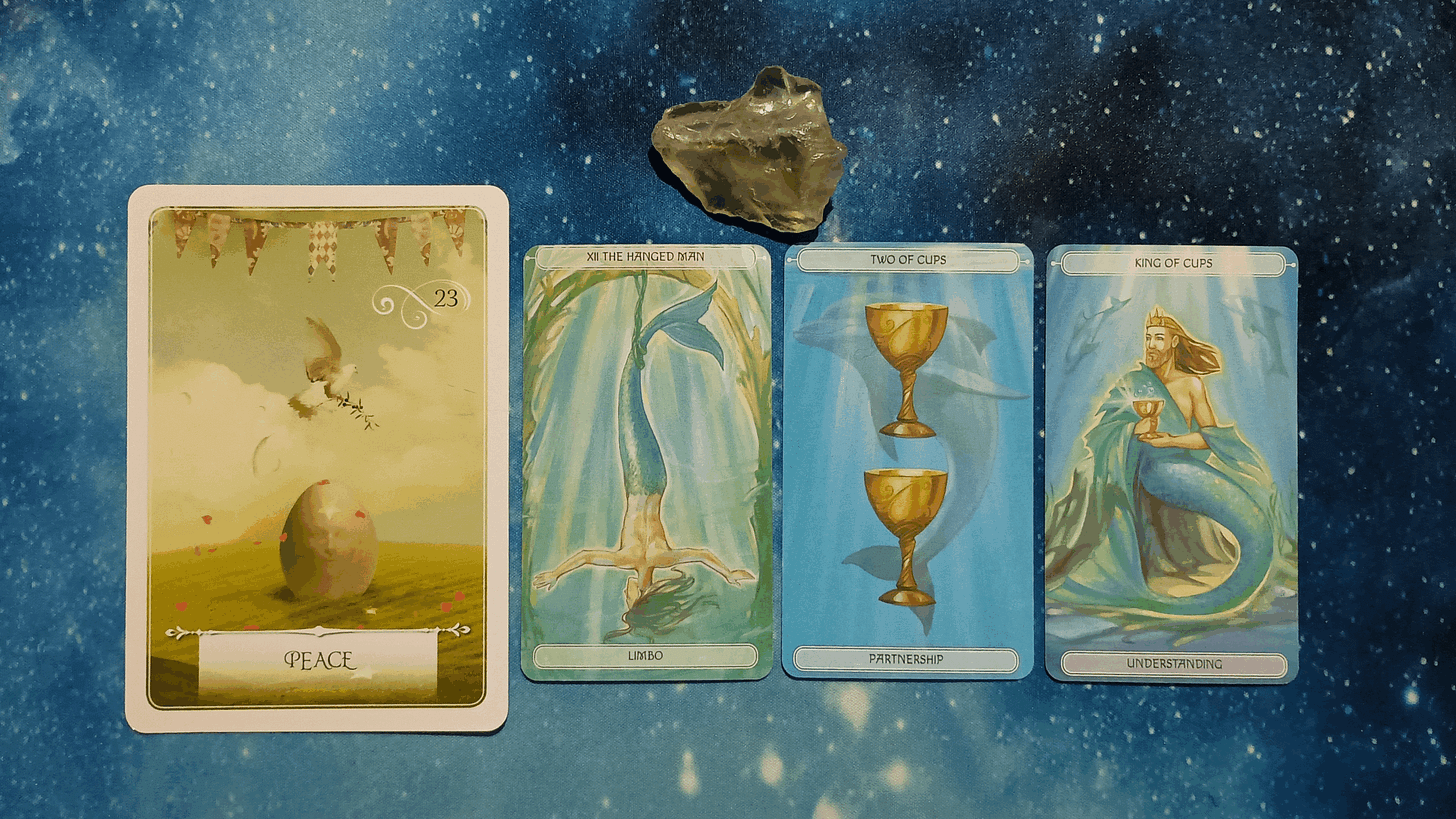 New Moon Pick-a-Card Tarot Reading for May 2025, pile 3 - citrine (yellow) stone and 4 cards on a starry blue background