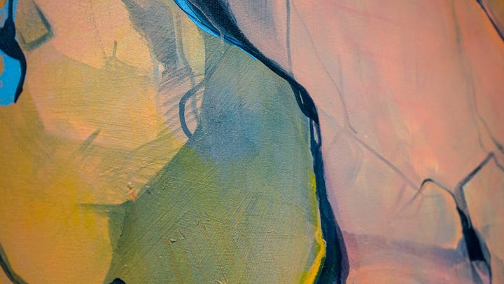 Four images show close-up shots of one of Briget's paintings. The primary. colors are orange, pink, dark blue, green and light blue. There are moments of neon orange and soft purple.