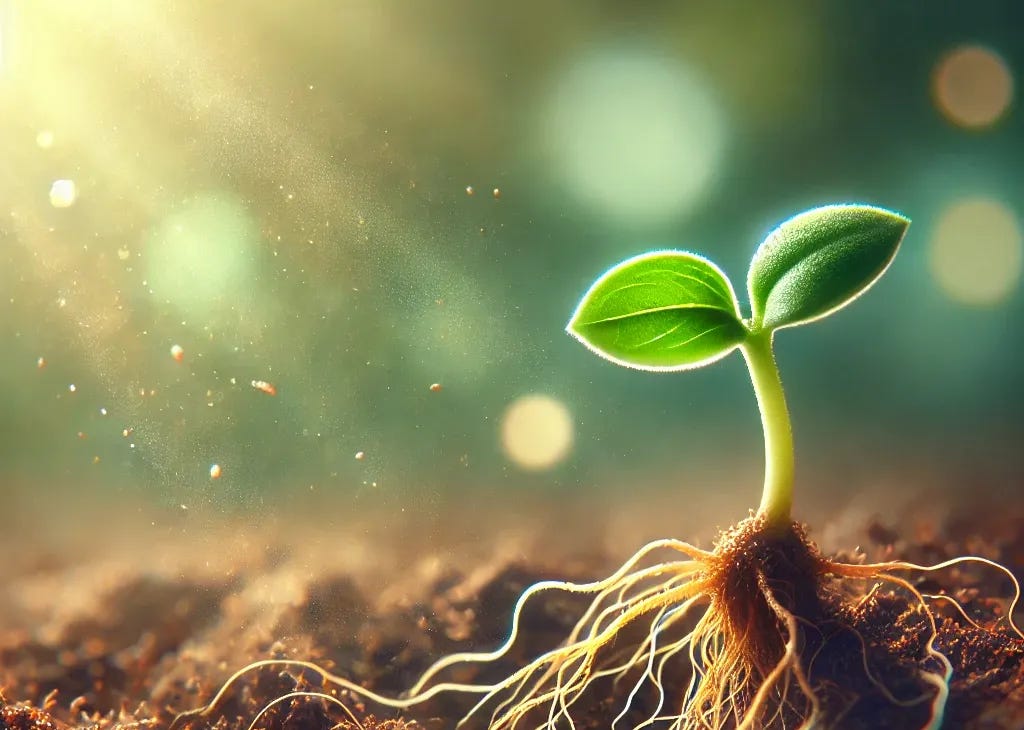 A digital illustration of a small seed sprouting into a young plant, symbolizing growth from a strong foundation. The image shows a rich, dark soil with roots beginning to form underneath, while a delicate green shoot emerges above the ground, reaching towards the sunlight. The background has a soft, blurred effect with hints of sunlight filtering through, emphasizing the theme of new beginnings and fundamental growth.