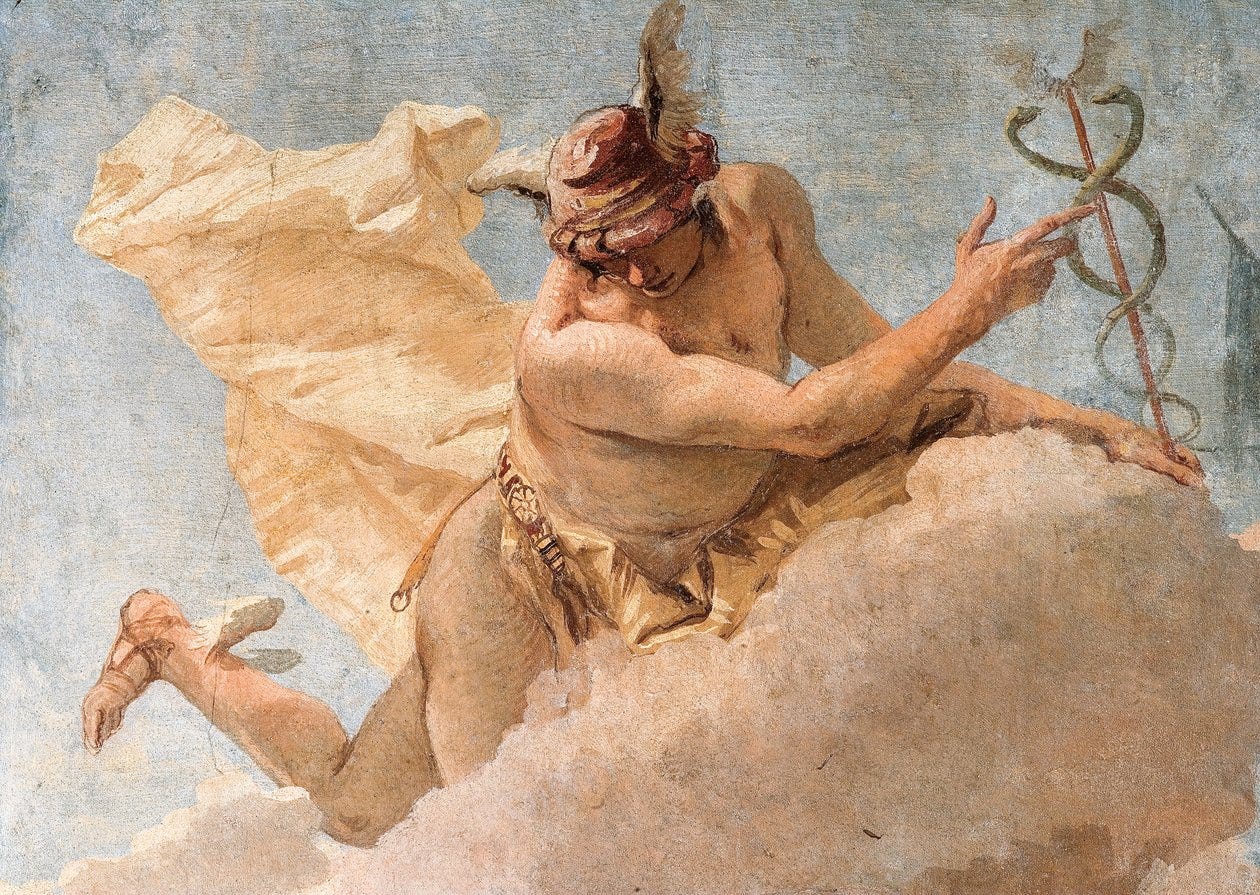 (detail) Mercury, from Mercury Exhorting Aeneas to Leave Carthage, from the Room of the Aeneid in the Palazzina, 1757 by Giovanni-Battista Tiepolo