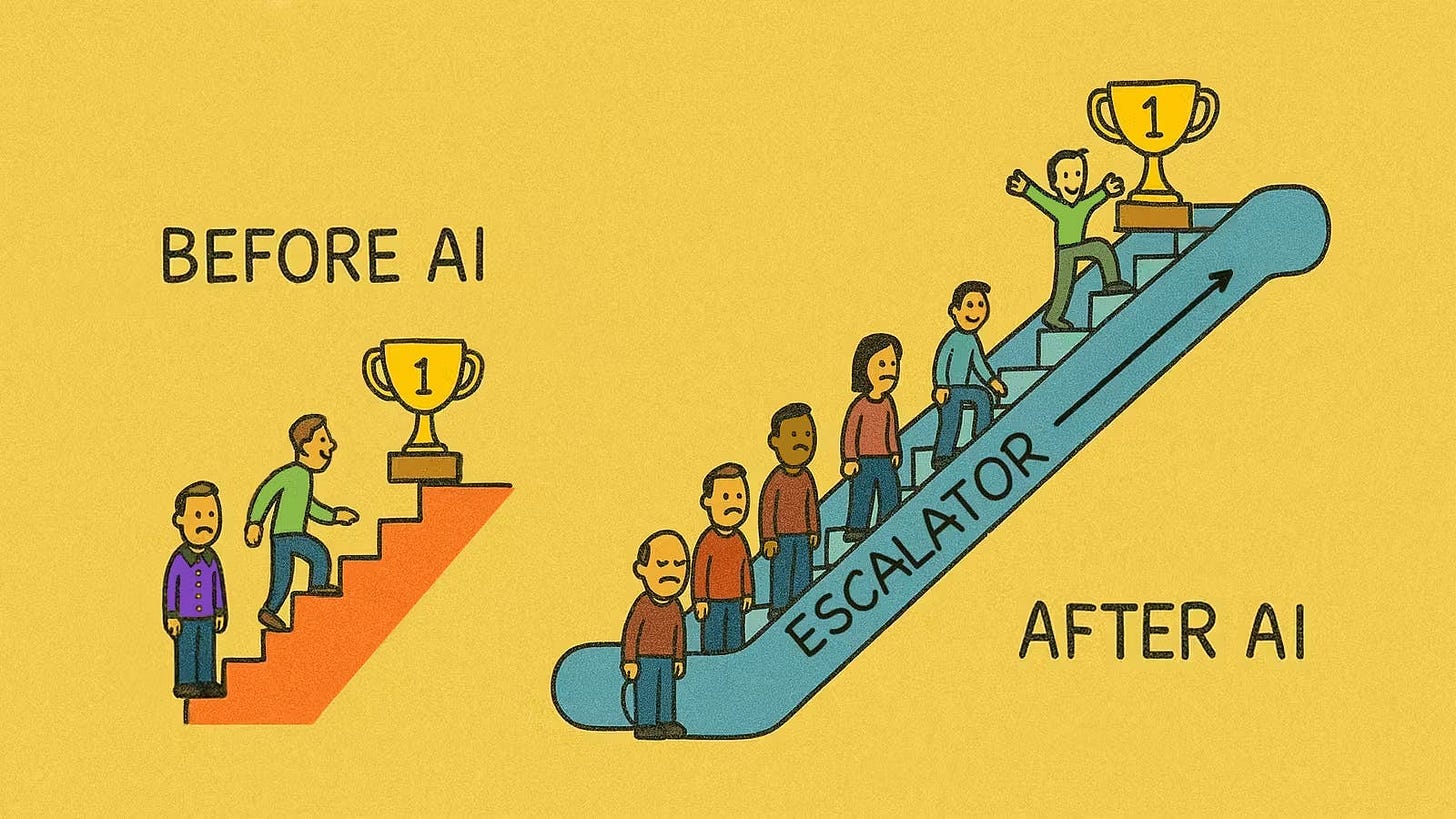 On the left is a small staircase labeled "Before AI" features two people racing each other toward the top. On the right is a much larger escalator labeled after AI, featuring more than half a dozen people racing each other toward the top. On the left is a small staircase labeled "Before AI" features two people racing each other toward the top. On the right is a much larger escalator labeled after AI, featuring more than half a dozen people racing each other toward the top.
