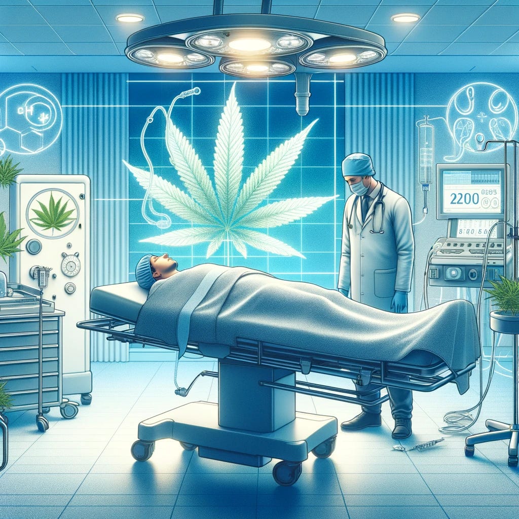 A detailed illustration of a healthcare setting focused on anesthesia with symbolic representations of marijuana and its impacts. The scene includes a serene hospital room with an anesthesia machine in the background, a patient lying on the surgical bed, and an anesthesiologist standing by with a calm and professional demeanor. Visual symbols like a cannabis leaf subtly integrated into the room décor or equipment, and a gentle contrast between the serene blue tones of medical professionalism and green hues representing marijuana. The imagery should convey the complexities of marijuana use in medical procedures without showing any text, numbers, or explicit drug imagery, focusing instead on the medical and herbal elements in a nuanced, respectful manner.