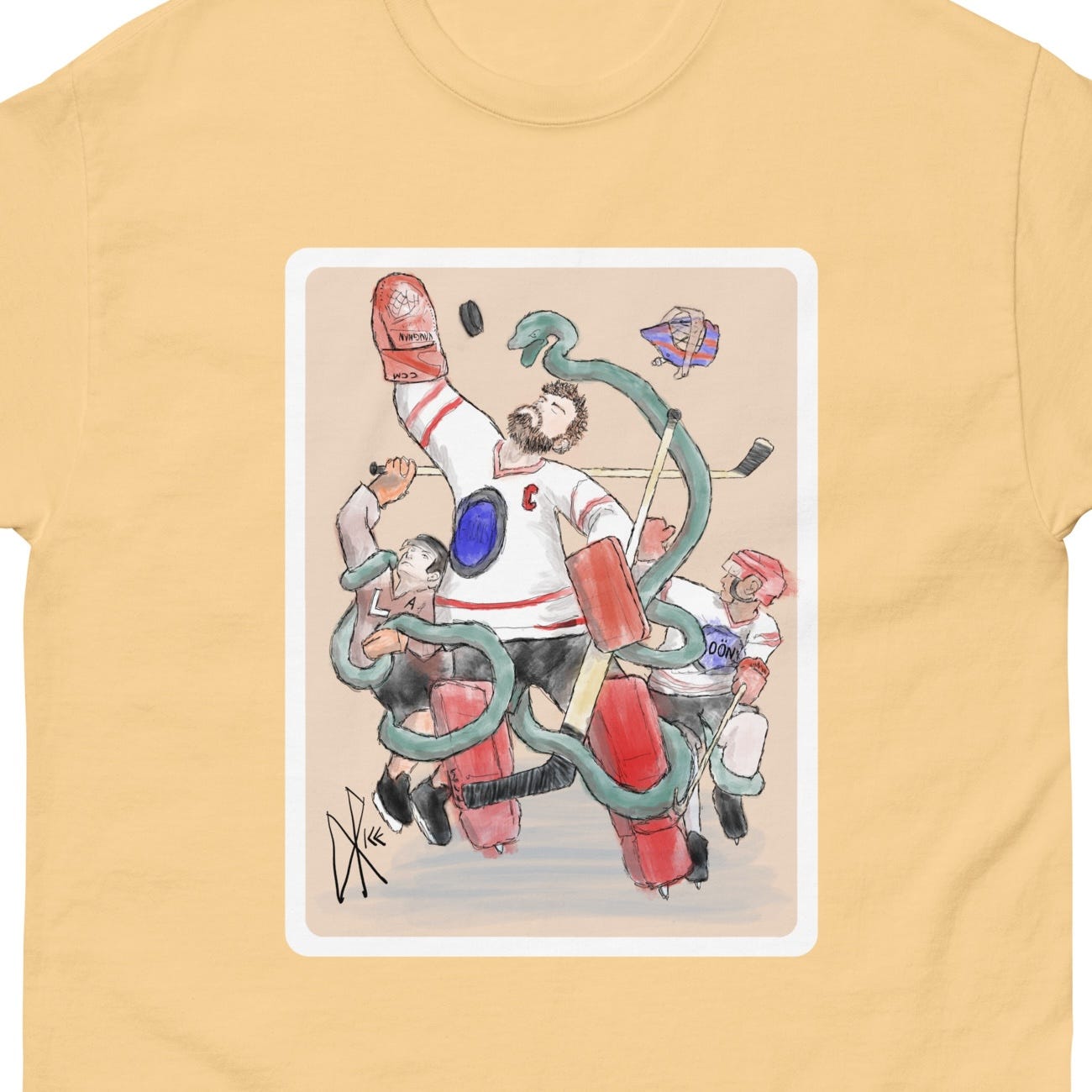 Three hockey players posed similarly to the mythological figures of Laocoőn and his two sons being attacked by a serpent. Sketch art by Don Rice.