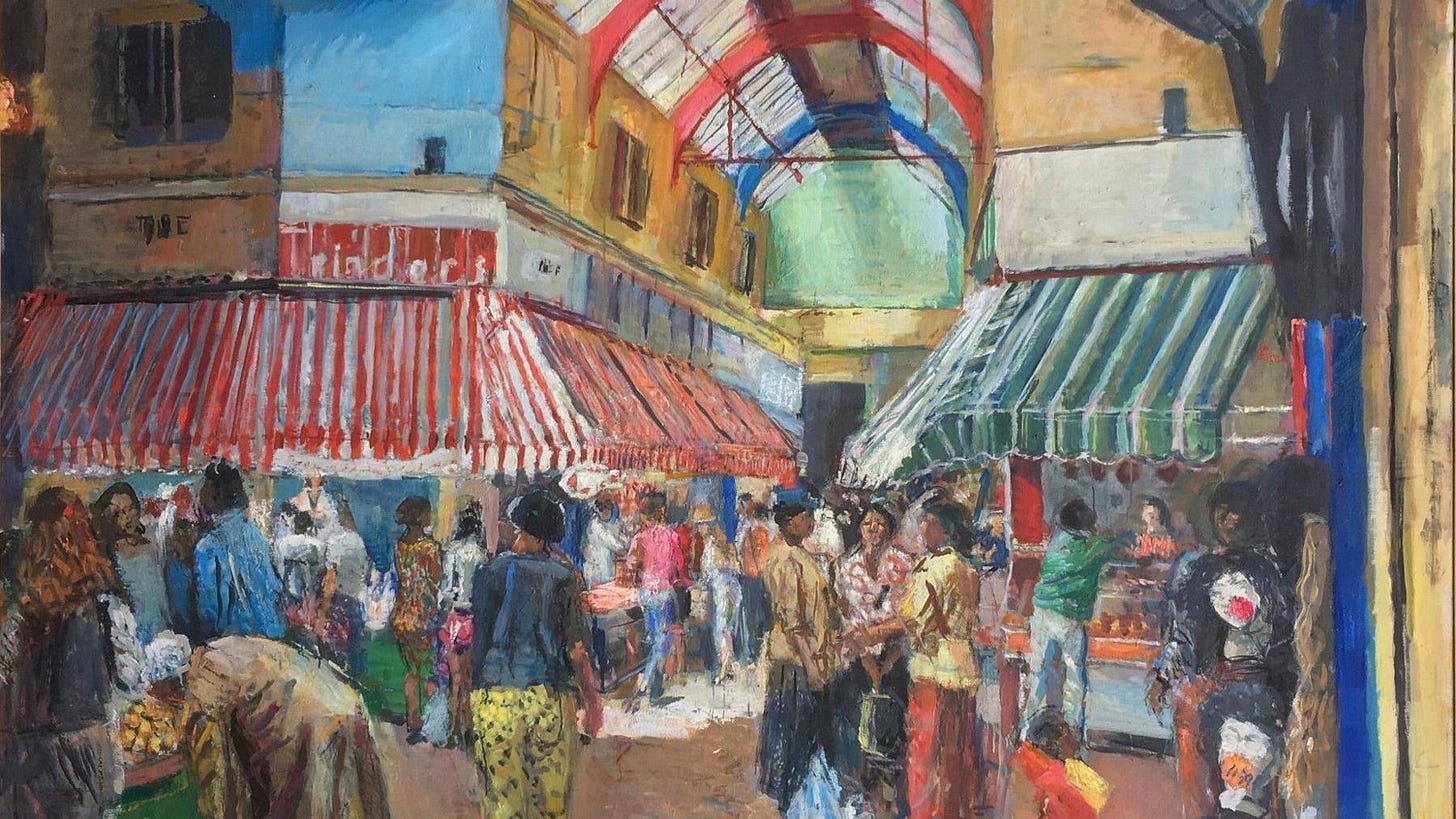 A painting by Anthony Eyton of Brixton Market from 1994 A painting by Anthony Eyton of Brixton Market from 1994