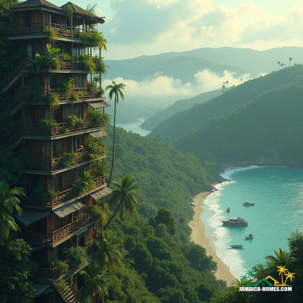Port Antonio’s lush coast reimagined with a vertical village spiraling upward like a natural mountain, timber balconies inspired by Jamaican homes, sky-gardens bursting with tropical plants, fishing boats and parked cars adding realism, morning mist rolling over the hills in the background.