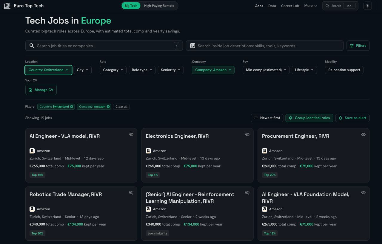 Amazon and RIVR roles in Zurich on the Euro Top Tech job board Amazon and RIVR roles in Zurich on the Euro Top Tech job board