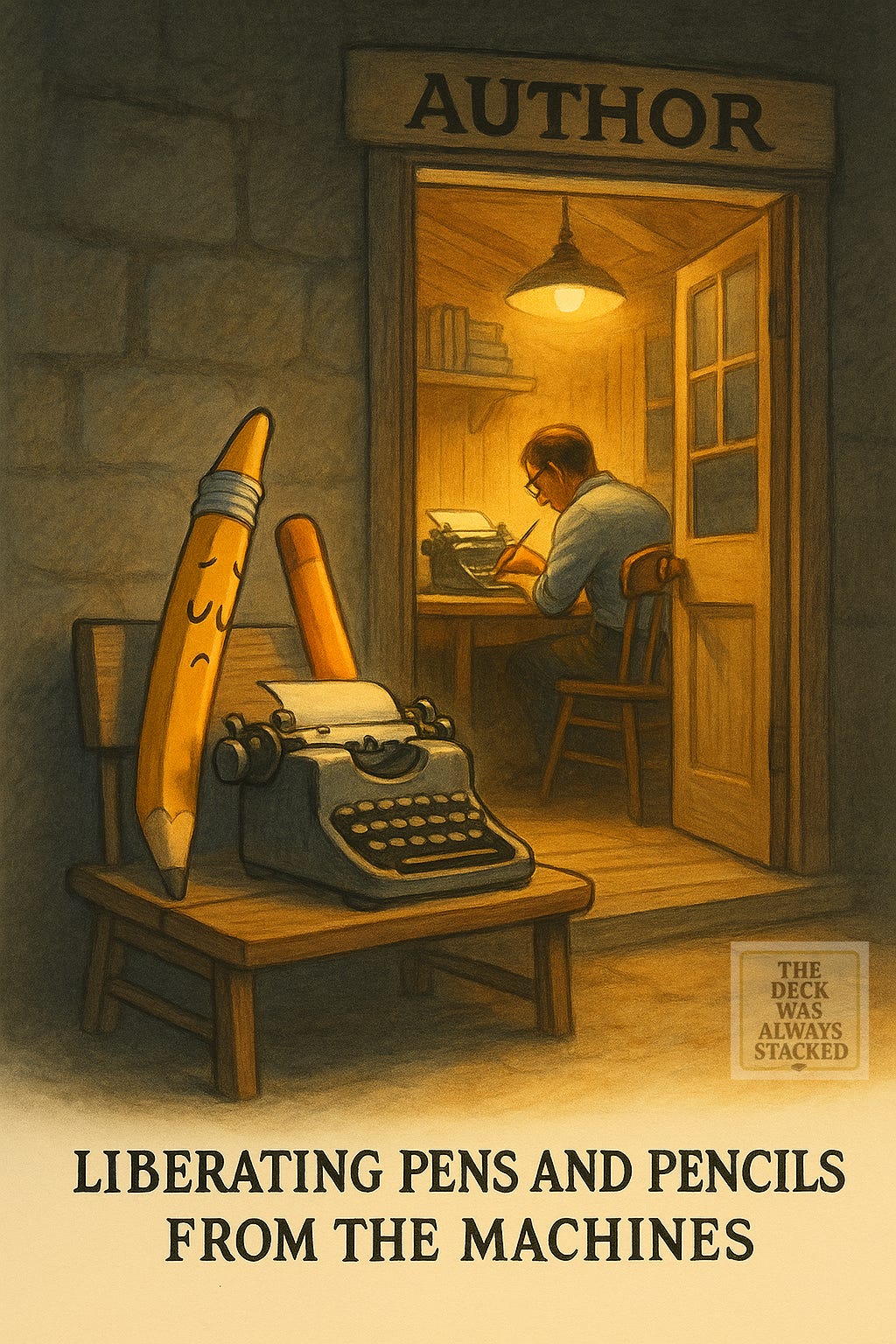 A warm, painterly illustration of a man writing at a typewriter inside a small office labeled “AUTHOR,” with a typewriter and pencils in the foreground, suggesting creativity in the age of machines.