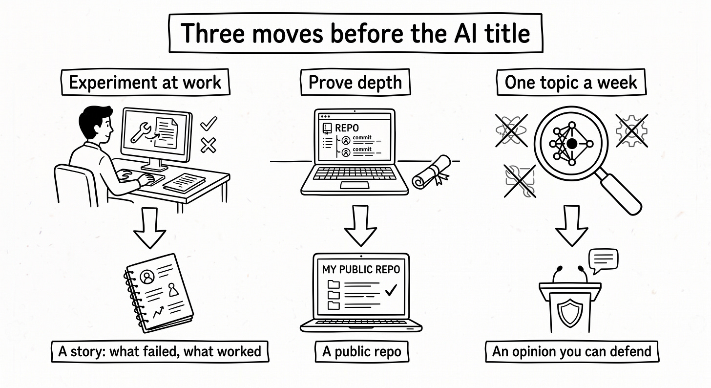 Hand-drawn diagram of three moves side by side, each with what it leaves behind: experiment on your current work (a story of what worked and what failed), prove depth with real projects (a public repo), go deep on one topic at a time (an opinion you can defend).