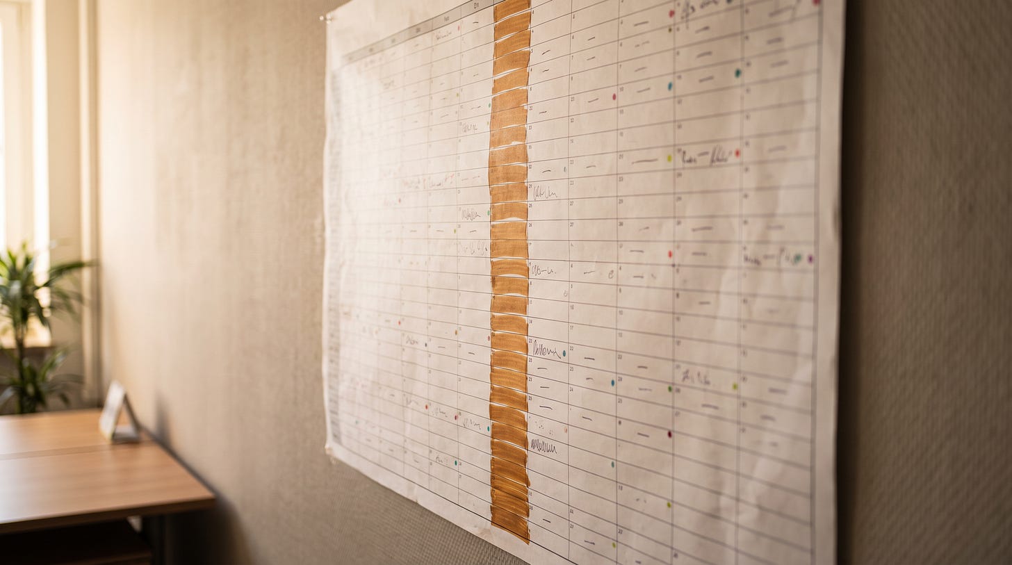 Een jaarplanner aan de muur waarop in elke week dezelfde plek met dikke marker is dichtgestreept, zodat er één ononderbroken streep over alle maanden loopt Een jaarplanner aan de muur waarop in elke week dezelfde plek met dikke marker is dichtgestreept, zodat er één ononderbroken streep over alle maanden loopt