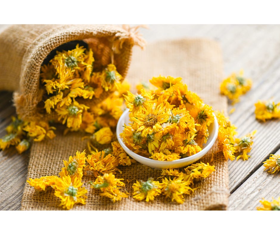 edible chrysanthemum dried flowers in a burlap sac on a table