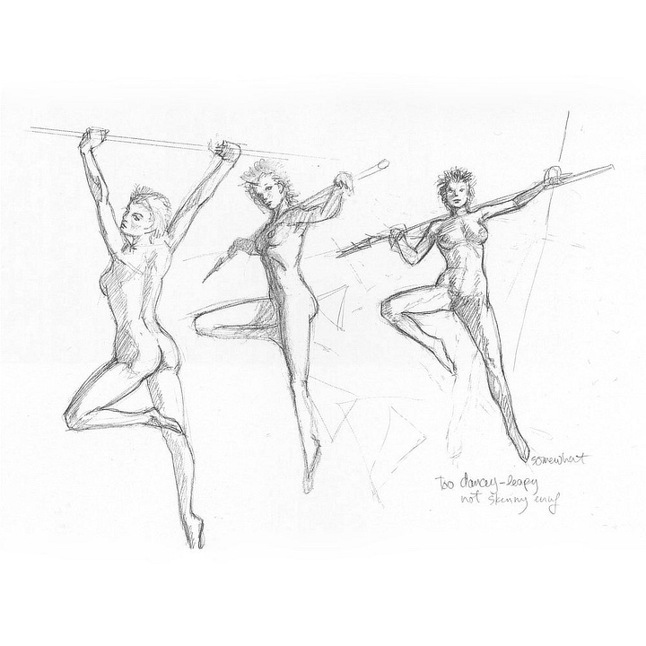 LEFT: Detail from THE INTEGRAL TREES featuring a woman with short blonde hair floating in front of clumps of cloud shaped vegetation. The counter of each cloud is highlighted in light. Wearing green capri-style pants and a vest with no shirt beneath, her pose is reminiscent of Peter Pan. Her hands rest on a harpoon set on her shoulders. A rope dangles loosely from it giving the viewer a sense of weightlessness. RIGHT: Figure sketches for THE INTEGRAL TREES feature three different poses of a nude female figure holding a spear. The first is a view from behind with her holding the spear up arms extended. Her left let is bent as she glances back. The second pose is a side view in which her far knee is up and the spear is resting on her shoulders. The last is a frontal view where her right knee is up and out to the side. The spear is resting on her shoulder but angled down to the right.