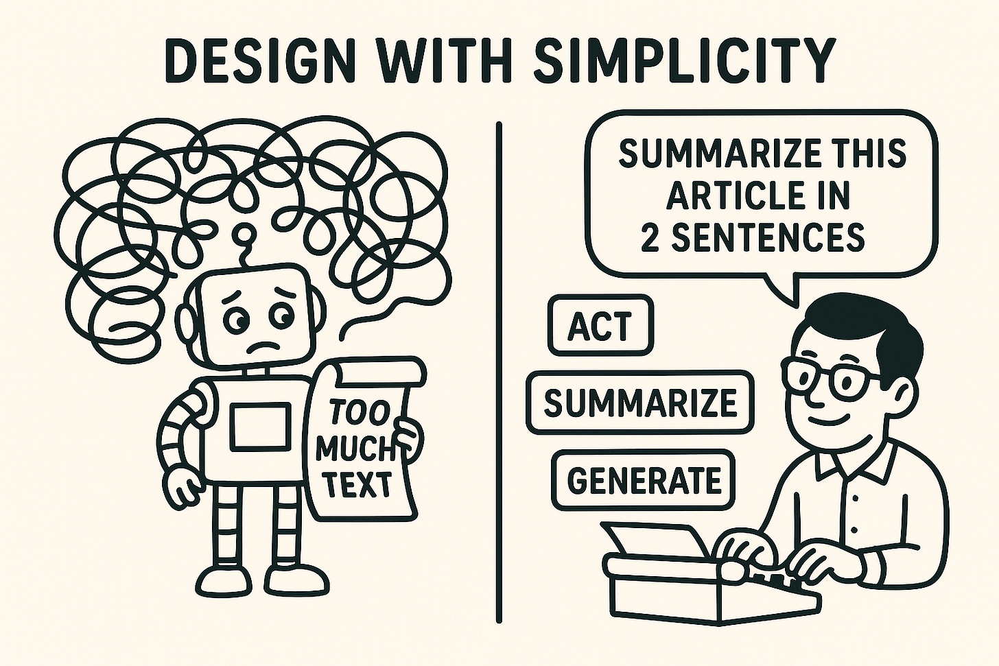 cartoonish black-and-white illustration concept for “Design with Simplicity”