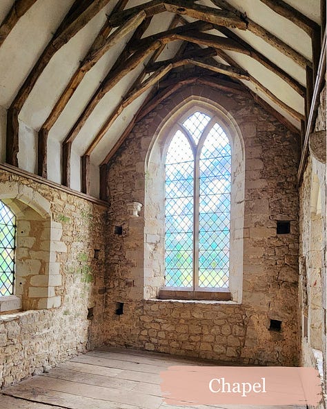 Nine pictures showing the interior of Old Soar Manor including exposed beam ceilings, original doors, a font for the chapel, and remnants of wall paintings
