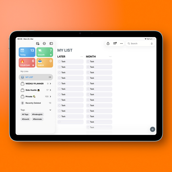 Screenshot of Apple Reminders with Later and Month sections visible.