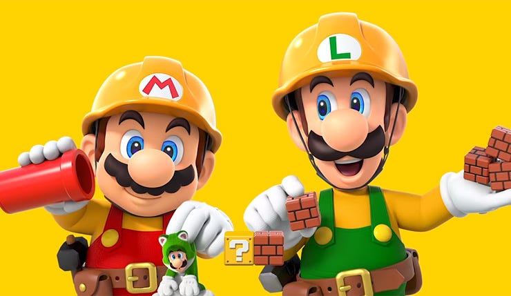 Mario and Luigi are giants, constructing Mario worlds with bricks, pipes, and characters