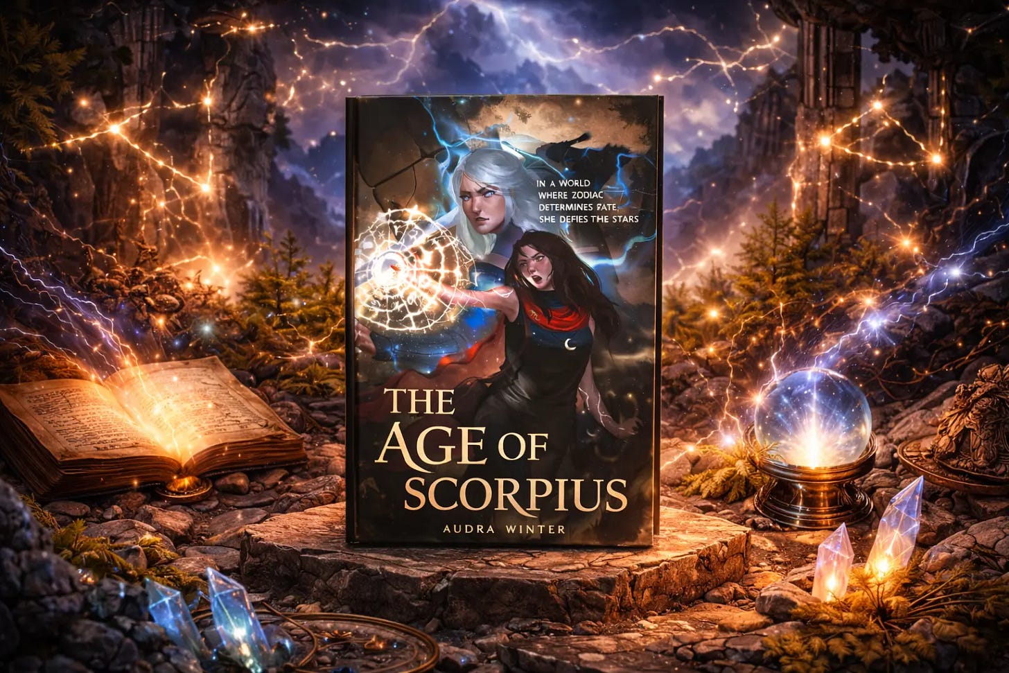 Book cover of The Age of Scorpius by Audra Winter displayed on a rocky pedestal in a magical scene with glowing crystals, lightning, open spellbook, and crystal ball.