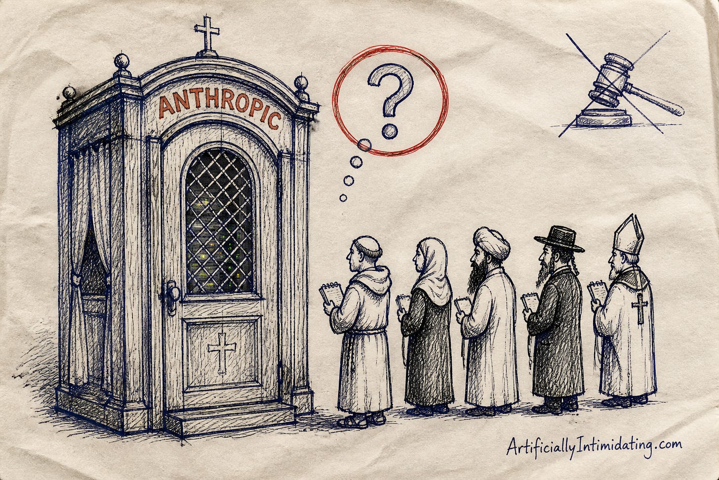 A confessional booth stamped with the rust-orange Anthropic wordmark, a glowing server rack visible through its lattice window, with a queue of robed scholars of different faiths waiting outside holding notebooks and a red-circled question mark above. A confessional booth stamped with the rust-orange Anthropic wordmark, a glowing server rack visible through its lattice window, with a queue of robed scholars of different faiths waiting outside holding notebooks and a red-circled question mark above.