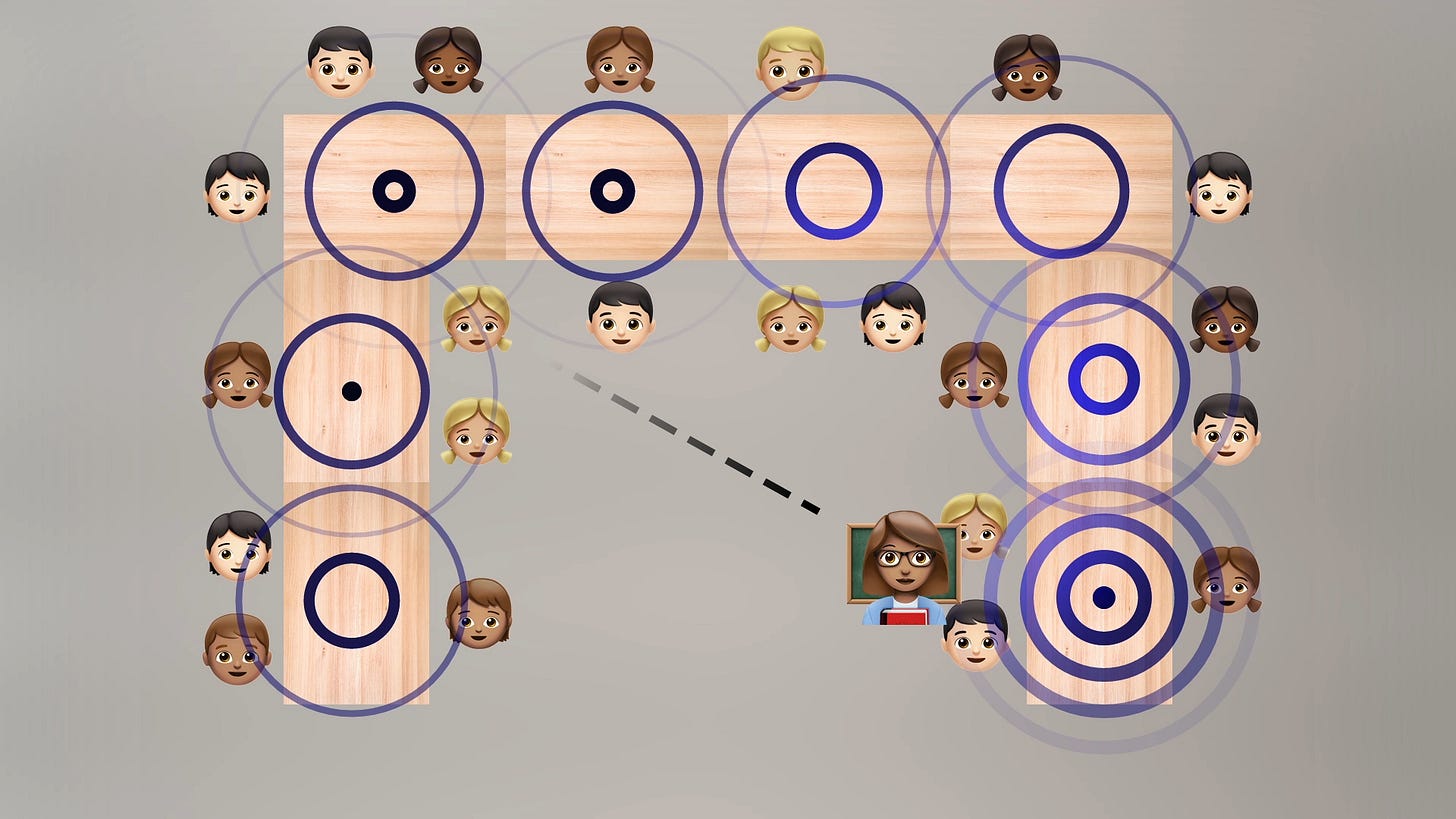 A teacher has walked away from a group of students who were working hard. Now they are not.