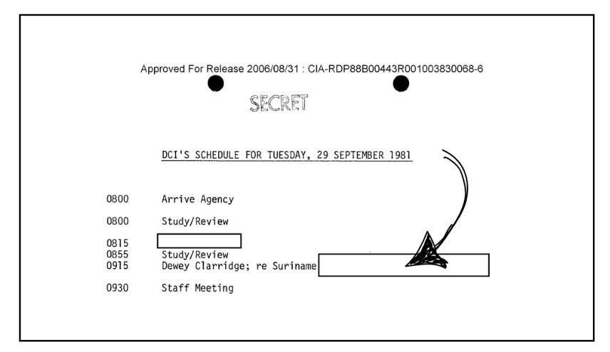 Declassified CIA schedule from September 29, 1981 showing Dewey Clarridge briefing the Director of Central Intelligence specifically on Suriname. The document is marked ‘SECRET’ and displays a typed daily itinerary, with a handwritten arrow pointing to the Suriname briefing Declassified CIA schedule from September 29, 1981 showing Dewey Clarridge briefing the Director of Central Intelligence specifically on Suriname. The document is marked ‘SECRET’ and displays a typed daily itinerary, with a handwritten arrow pointing to the Suriname briefing
