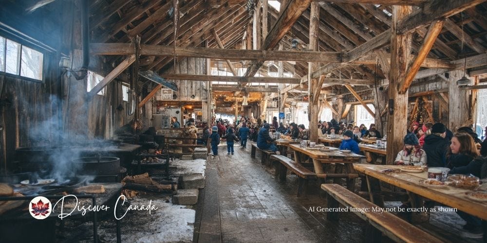 Families enjoying food and maple taffy at a Quebec sugar shack. Families enjoying food and maple taffy at a Quebec sugar shack.