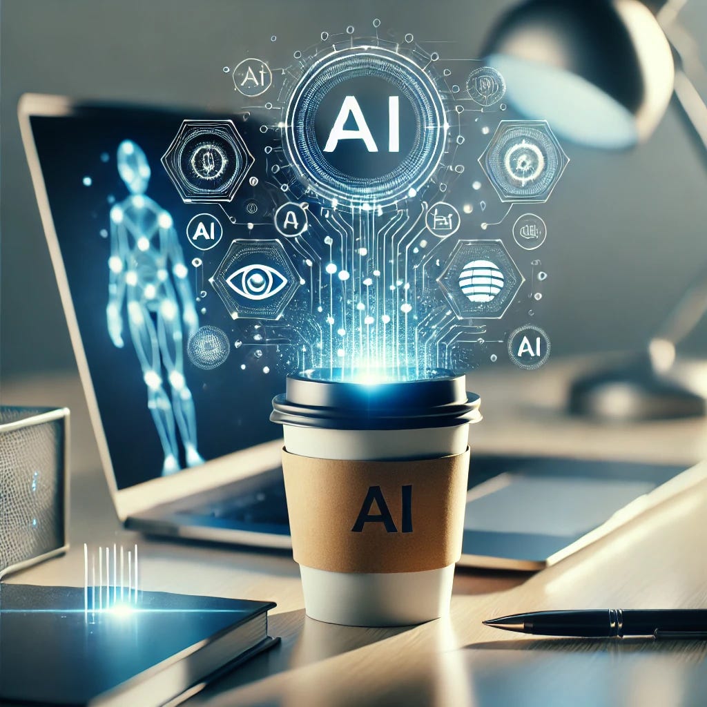 A stylish and realistic digital image representing the theme of AI and technology. The image features a futuristic coffee cup with a glowing holographic interface displaying AI-related icons and abstract data streams. In the background, a sleek laptop screen subtly reflects an advanced AI-generated image. The setting is a modern, minimalistic desk space with soft lighting, creating an elegant and professional atmosphere.