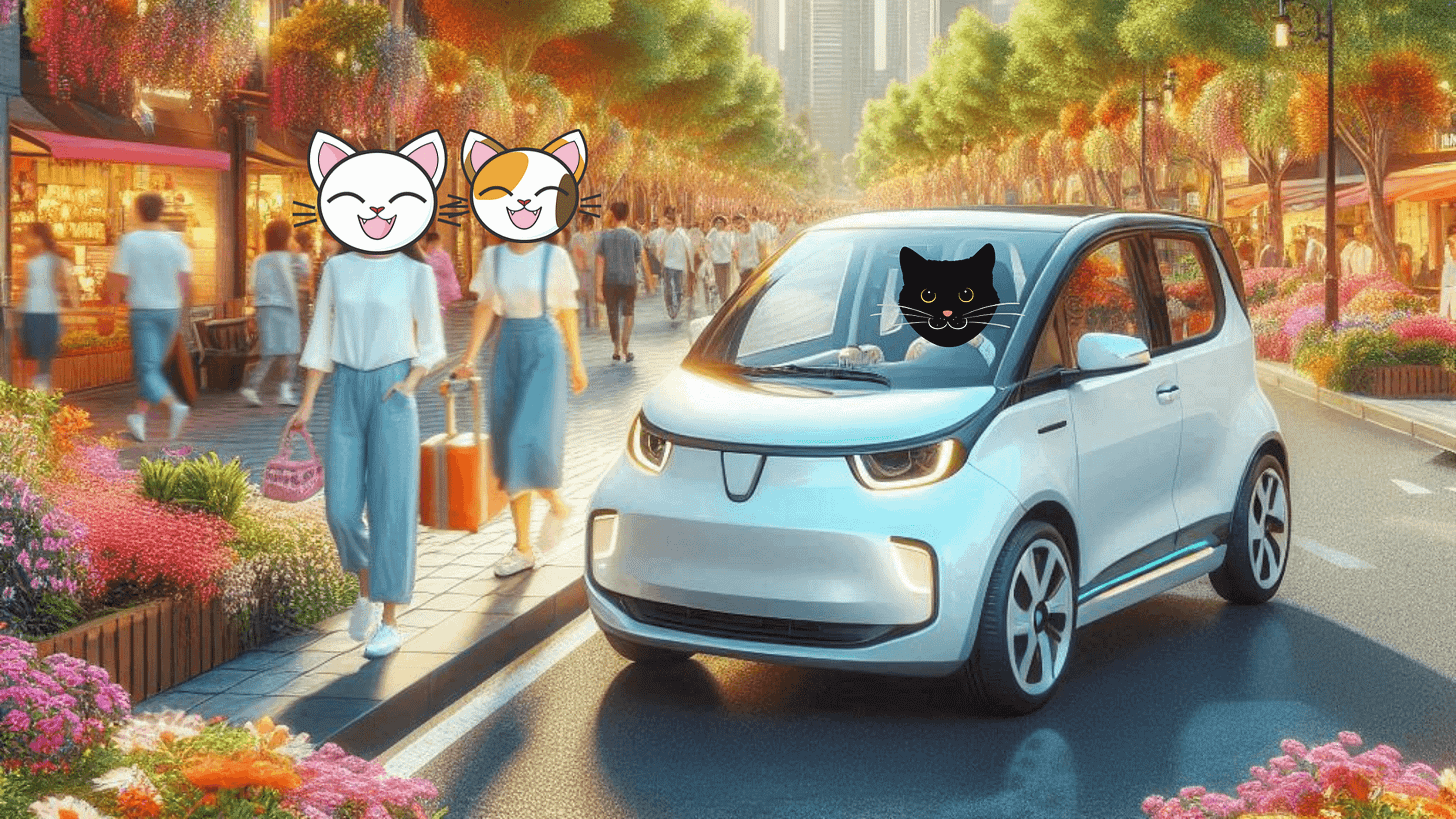 Image of EV car and three humanoid cat characters