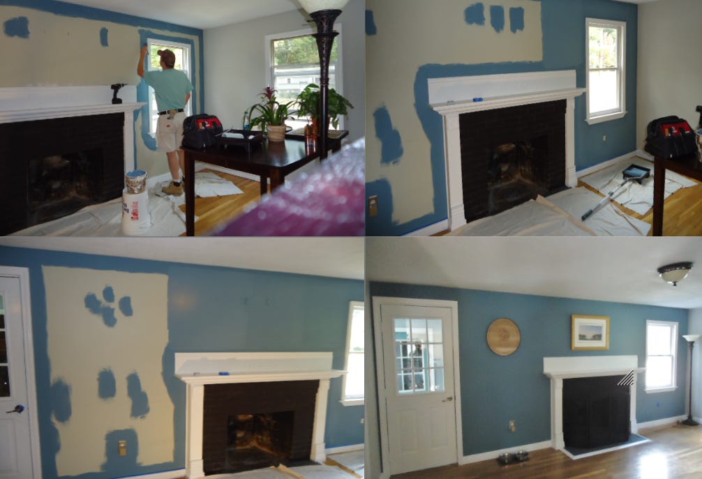 Owner JCB Painting, painting a room with a fireplace. Owner JCB Painting, painting a room with a fireplace.