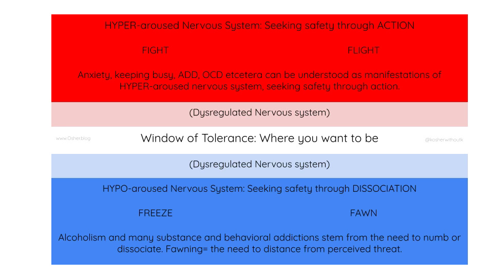 The table illustrates the nervous system can be either regulated, it can be HYPER-aroused, seeking safety through action aka fight or flight, or it can be HYPO-aroused, seeking safety through dissociation, aka freeze or fawn. These are known as the 4 Fs, though the 4th one is least known and to some- unknown. 