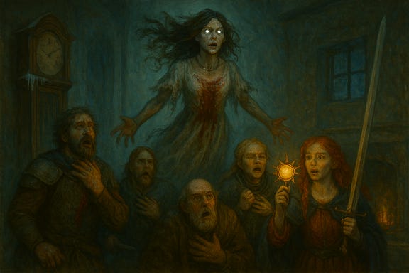 Create a safe, atmospheric fantasy image of the party reacting to the ghost of Varushka in a frostbound dream room. The group of adventurers stands in shock and dread as the ghost hovers nearby. Fleetwood staggers, clutching his neck. Greegan gasps, blood blooming symbolically beneath his skin. Silverleaf’s magic flickers, unstable. Felonious drops to one knee, eyes wide. Clarion’s blade trembles in her grip. Ireena’s symbol glows faintly, resisting but dimming. The room is dimly lit, with frost creeping along the walls and a grandfather clock tolling in the background. No gore or violence—only symbolic wounds and emotional reactions.