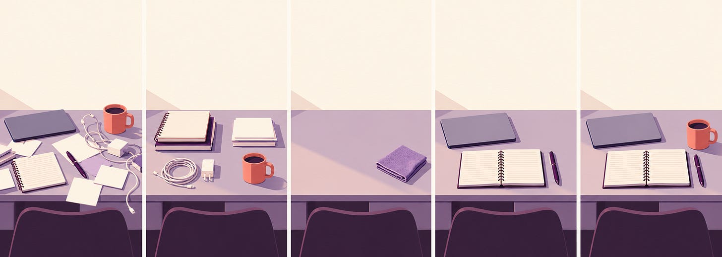 Five matching purple and cream desk-reset illustrations: clutter, sorting, wiping, notebook setup and a clean desk.