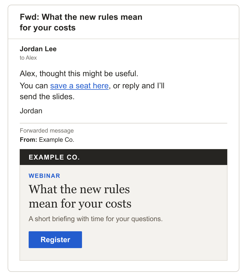 A short note from a salesperson includes a registration link and an offer to send slides, above a forwarded webinar invitation.