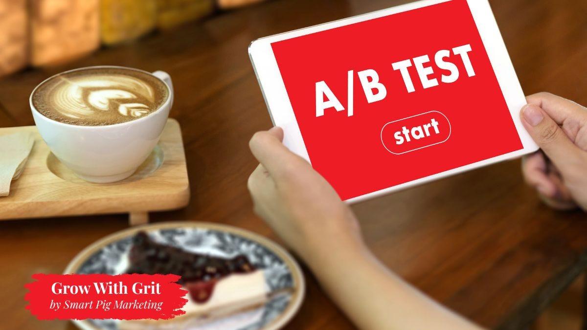 Person holding a tablet displaying “A/B Test” with a start button, sitting at a café table with coffee and dessert, representing simple split testing and experimentation in marketing. Person holding a tablet displaying “A/B Test” with a start button, sitting at a café table with coffee and dessert, representing simple split testing and experimentation in marketing.