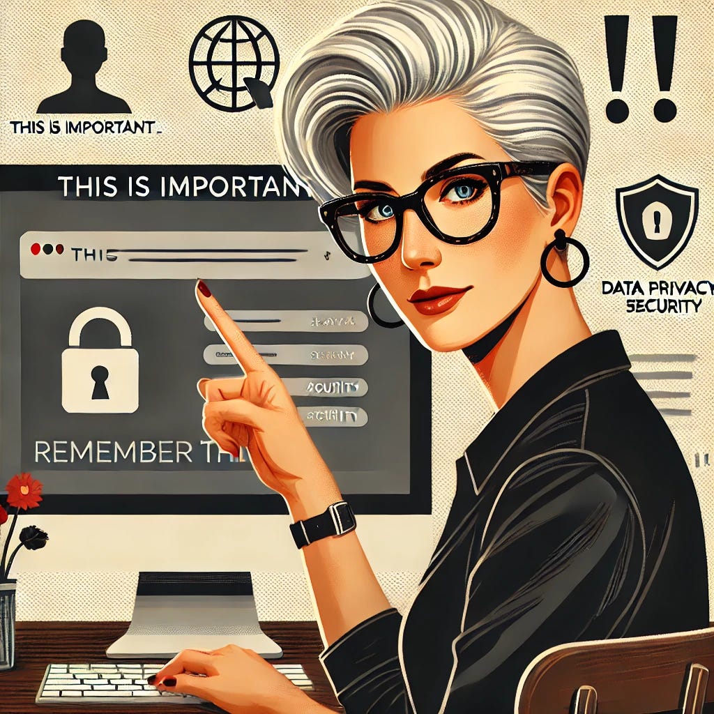 A casual woman in her early 40s with platinum hair styled neatly and wearing tortoiseshell glasses, dressed in black, sitting at a desk. She is confidently pointing at her computer screen with one hand and holding a notebook in the other, clearly conveying the message 'This is important, remember this.' The computer screen shows icons representing data privacy and security. The background includes symbols like exclamation points and lightbulbs, emphasizing urgency and the importance of the message. The tone is serious yet relatable, highlighting mindfulness in technology use.