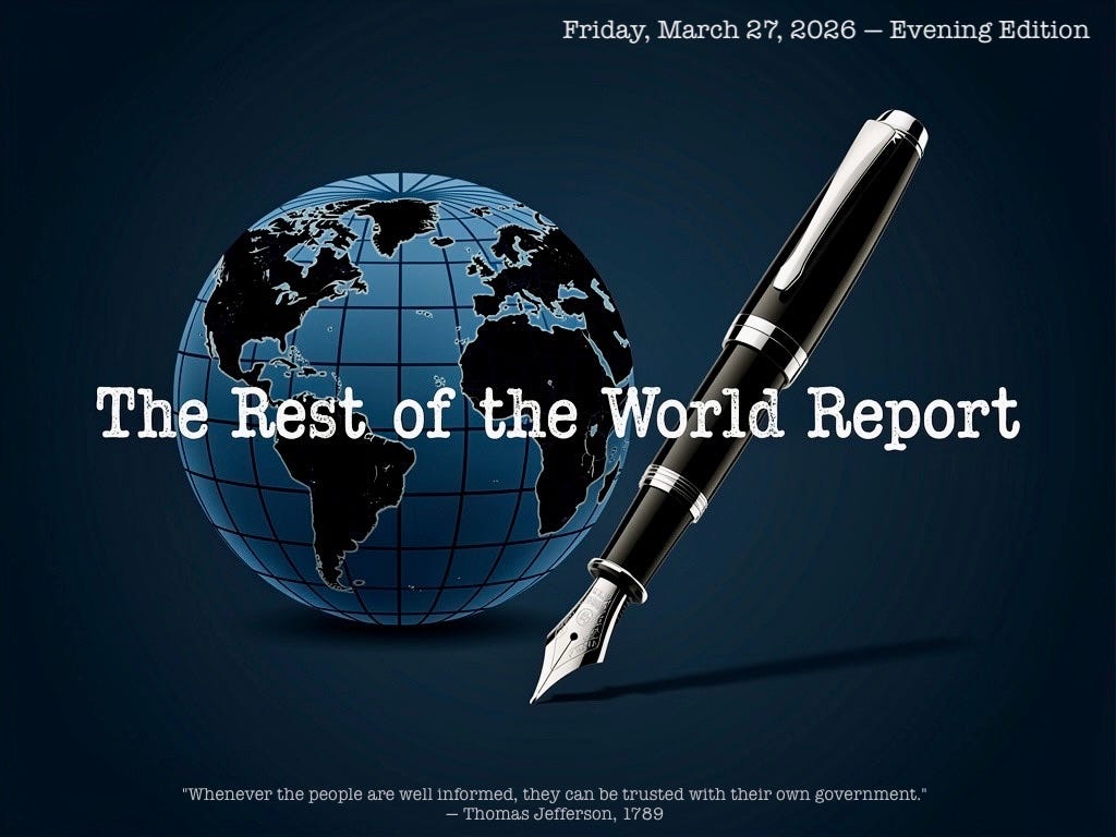 Blue background, black and light blue globe next to a fountain pen. The Rest of the World Report text across the middle.