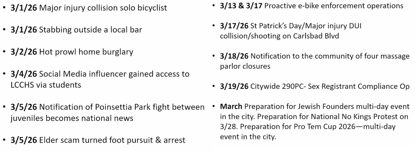 The Carlsbad Police Department has responded to many serious calls and cases in March, as detailed by CPD Chief Christie Calderwood during Tuesday’s City Council meeting. Steve Puterski image