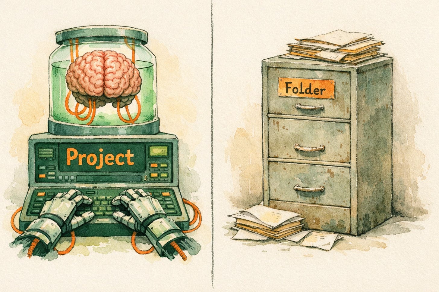Folder vs Project comparison -- filing cabinet contrasted with Brain in a Jar orchestrating Robotic Hands Folder vs Project comparison -- filing cabinet contrasted with Brain in a Jar orchestrating Robotic Hands