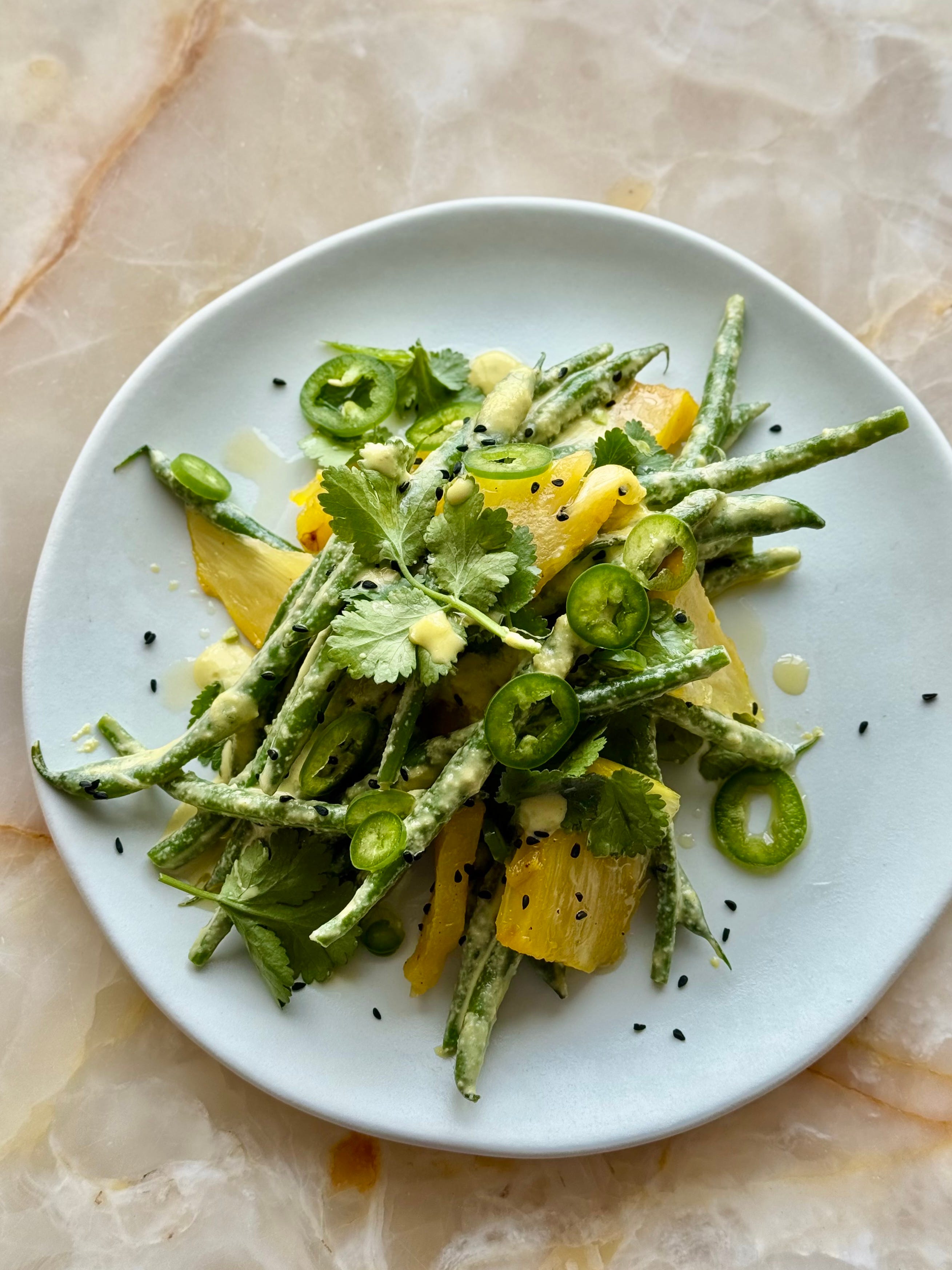 green beans with orange mustard dressing ottolenghi Tomato salad miso-mango and with roasted pineapple color:slate-blue