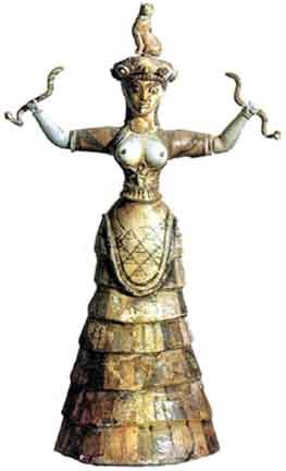 Faience Minoan Snake Goddess figurine, wearing a long tiered dress, a hat with a cat on it, and holding a snake in each hand.