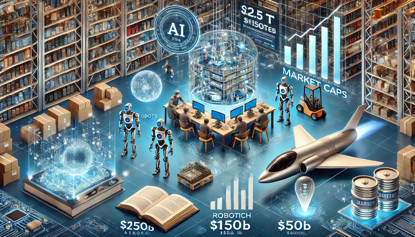 A visually engaging newsletter cover image showcasing futuristic technology themes. The image includes AI-powered robots working in a warehouse, a biotech laboratory with AI-designed proteins, and a sleek jet engine powered by hydrogen. In the foreground, digital charts display market caps ($2.5T for AI, $150B for robotics, and $50B for biotech). Elements like books and a glowing event location pin highlight resources and events. The style is modern and professional, emphasizing innovation, wealth-building, and cutting-edge tech.