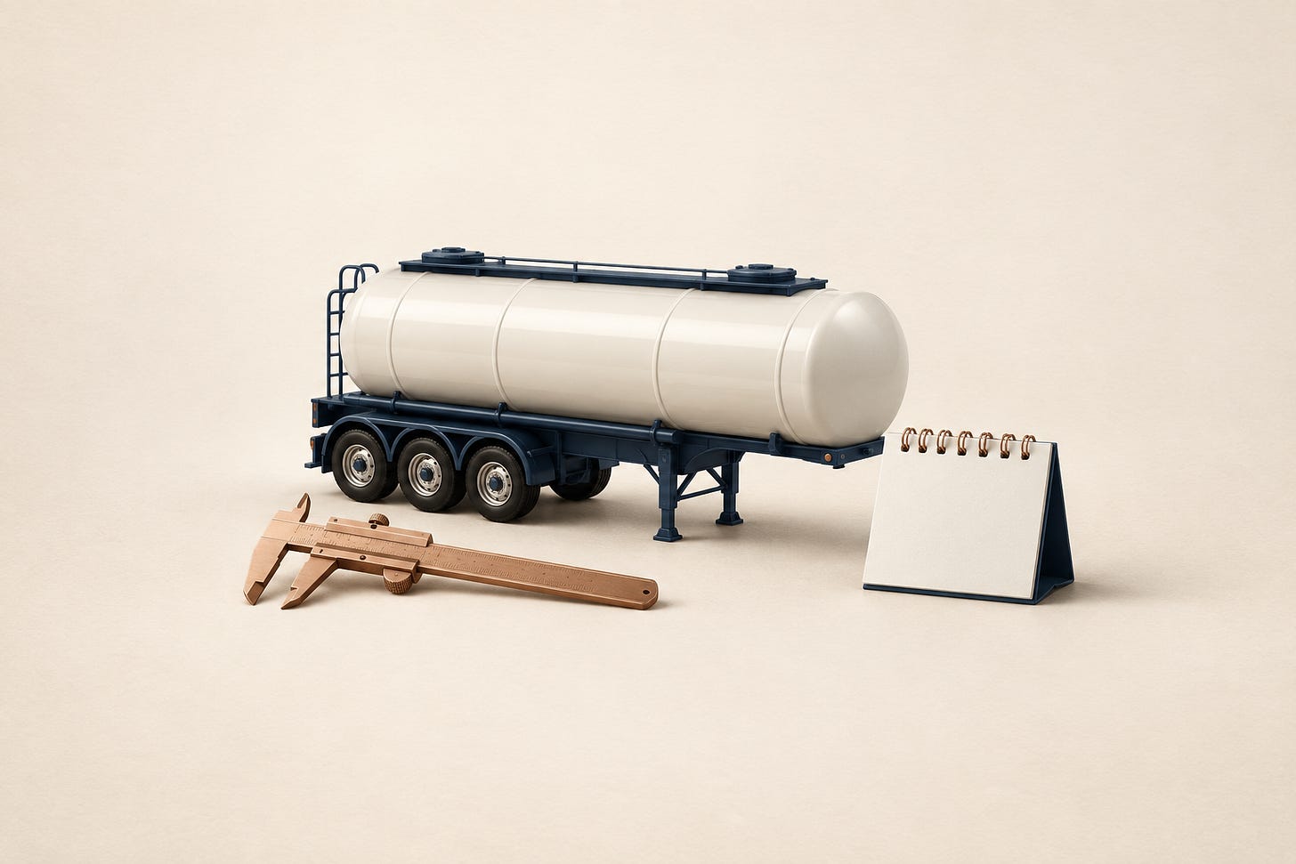 An illustrated tank trailer beside a caliper and blank calendar card.