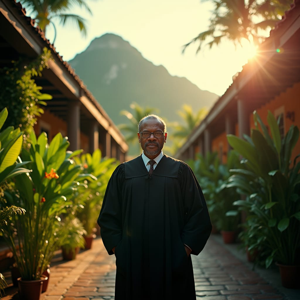 A distinguished judge, attired in formal robes, stands majestically in a lush Jamaican courtyard, surrounded by vibrant tropical foliage, with a stunning mountain range in the background. Soft, warm light, reminiscent of a Caribbean sunset, casts a golden glow on the scene, accentuated by deep shadows and subtle lens flares. The atmosphere is thick with anticipation, as if a pivotal moment is about to unfold.