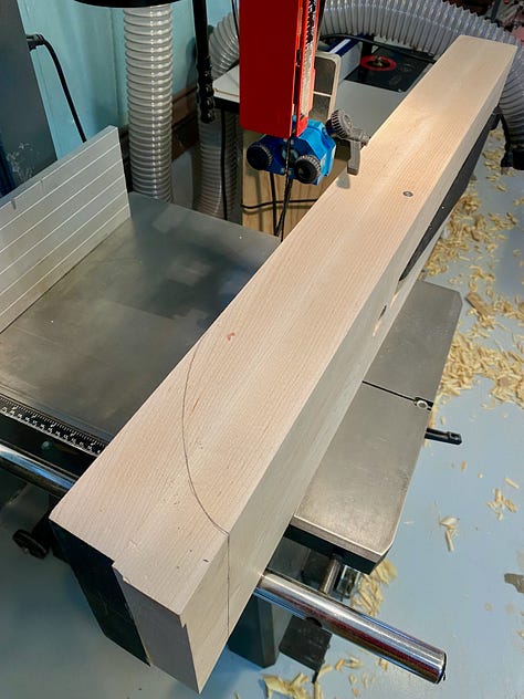 Leg vice chop being shaped on the bandsaw, the sliding deadman shaped, and the vice installed.