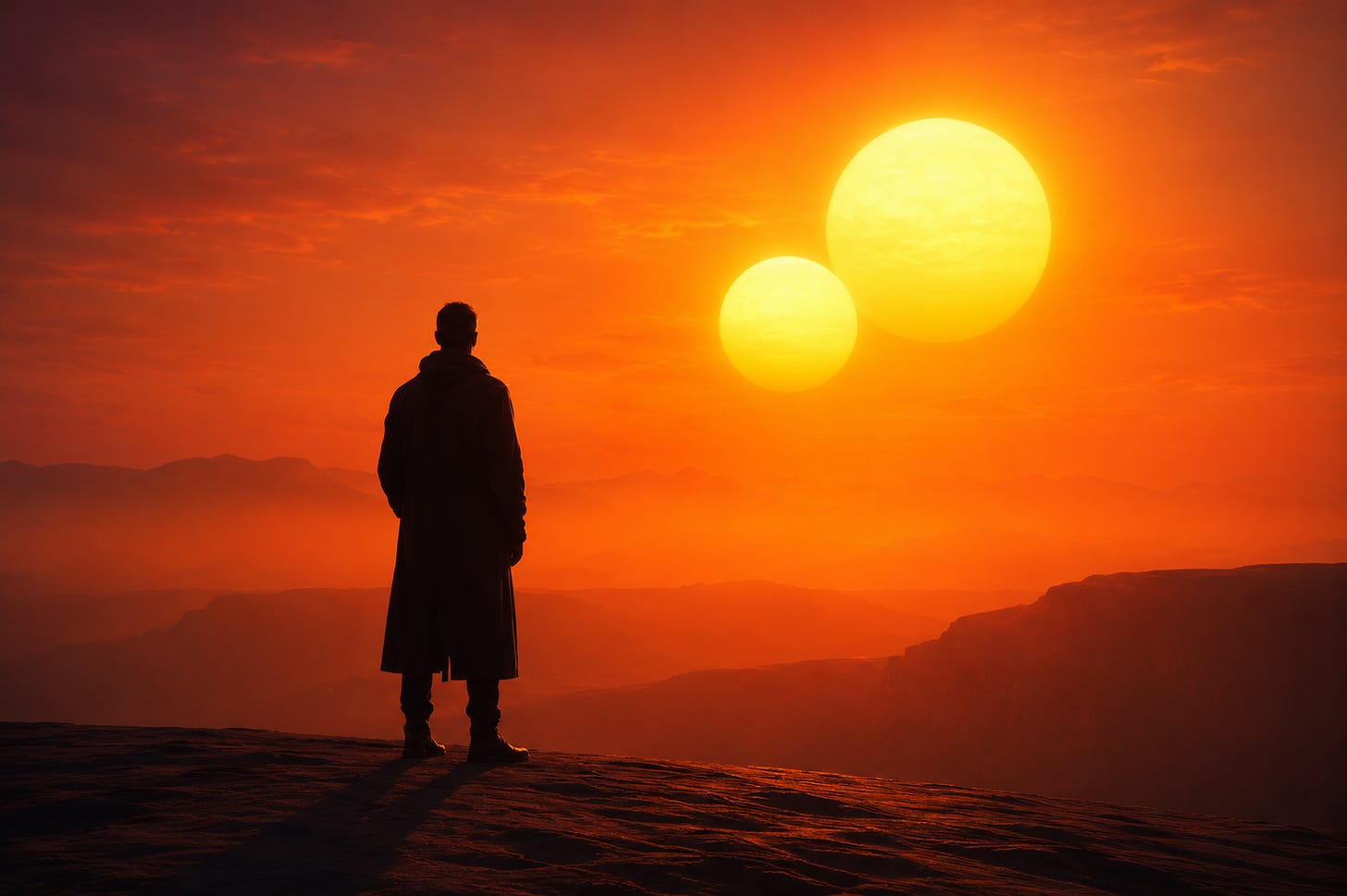 A man watching two suns set on a desert planet. A man watching two suns set on a desert planet.
