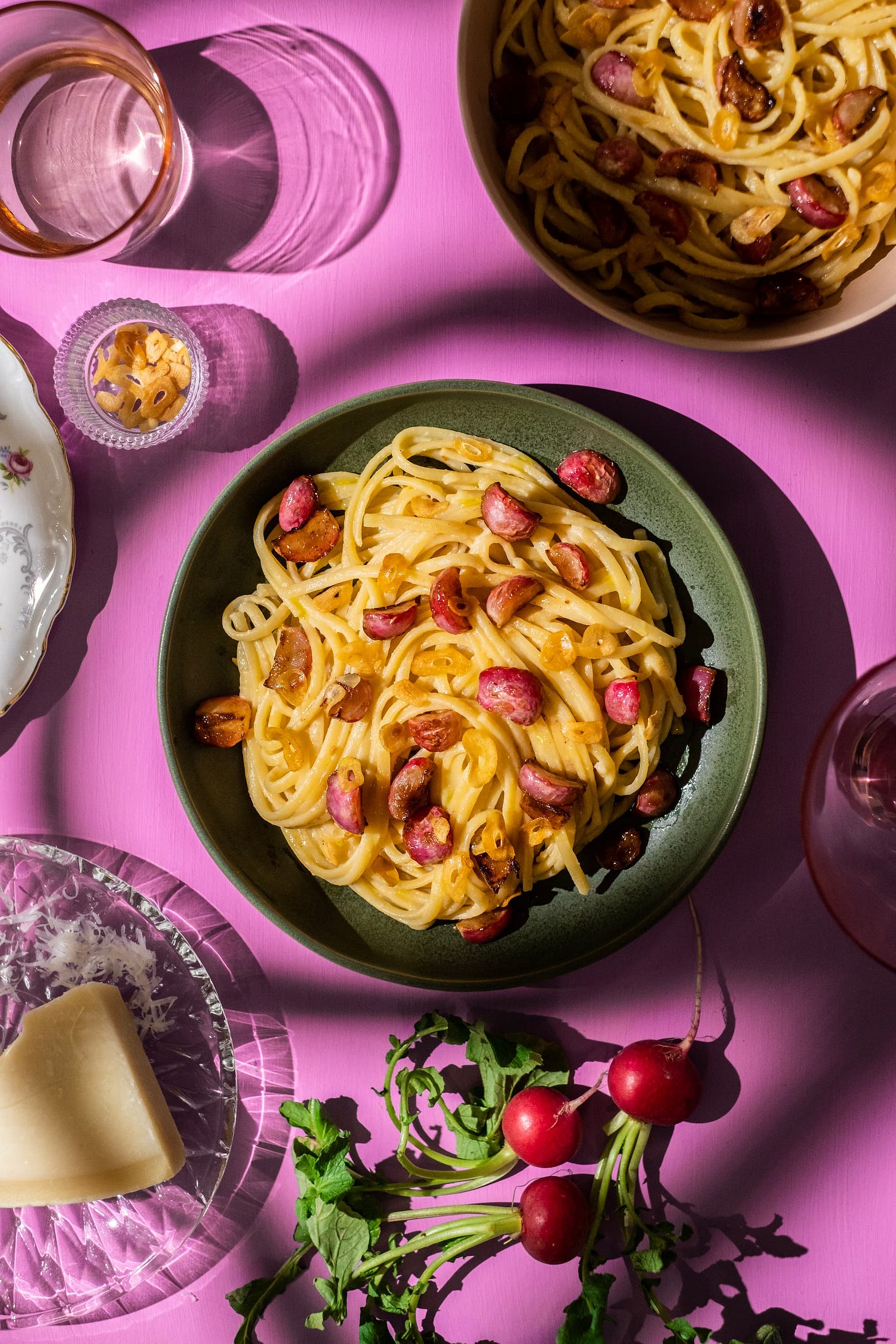 Miso pasta topped with caramelized radishes and crispy fried garlic Miso pasta topped with caramelized radishes and crispy fried garlic
